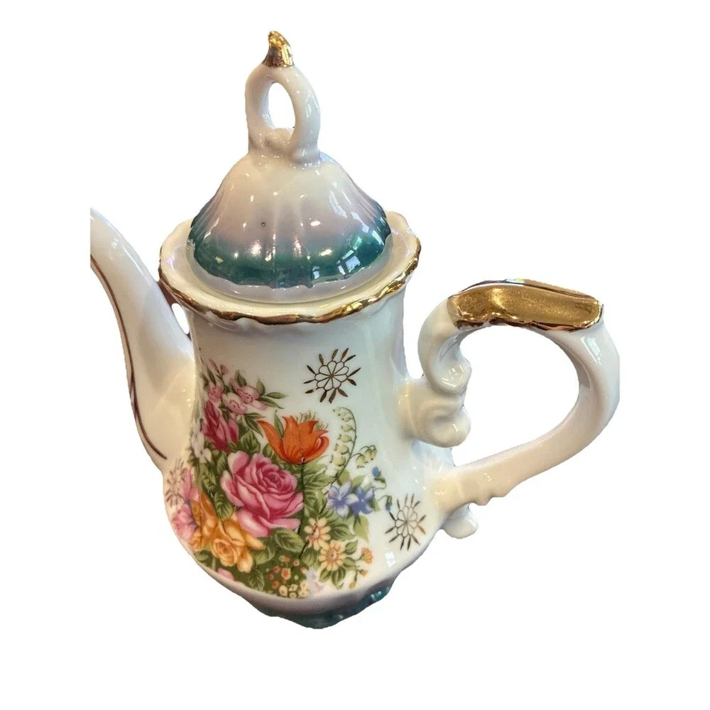 Vintage KPM Japan Floral Porcelain Teapot Gold Trim Coffee Pot Mid Century